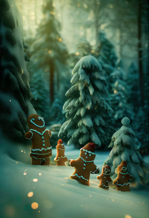 Christmas and New Year background with gingerbread men in the winter forestの素材
