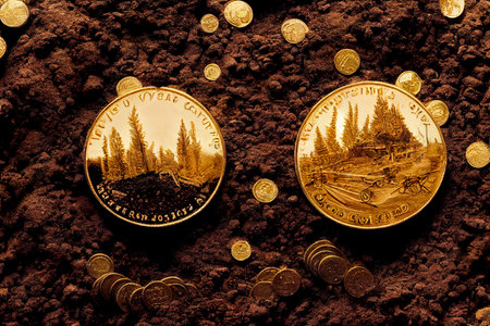 Coins in the ground. Conceptual image for investors in cryptocurrency.の素材
