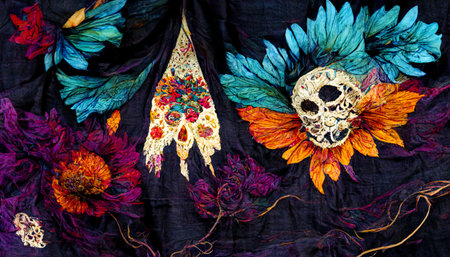 close up of skull print on black silk background, indian traditional costumeの素材