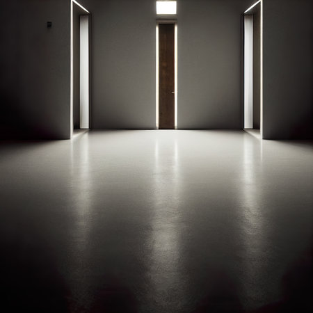 Interior of an empty room with a door and a light coming outの素材