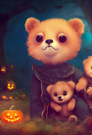 Halloween background with cute little teddy bear, pumpkins and ghostsの素材