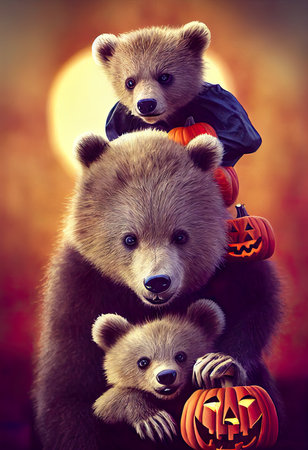 Three cute little bears in halloween costumes with pumpkins.の素材
