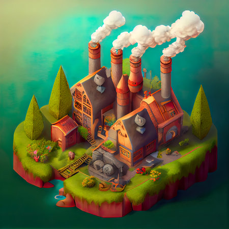 factory with chimneys on the island. 3d illustration.の素材