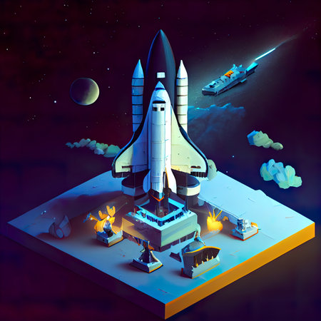 space ship in the night starry sky isometric background 3d illustrationの素材