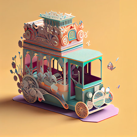 3d illustration of a colorful cartoon train on a yellow background.の素材