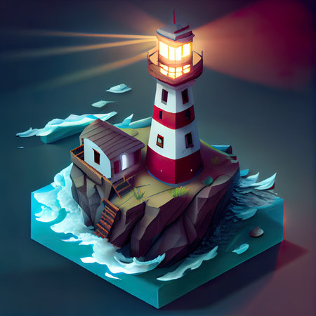 Lighthouse on the island in the ocean. 3D illustration.の素材
