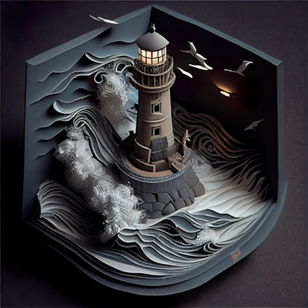 Lighthouse in the form of a puzzle on a black background.の素材