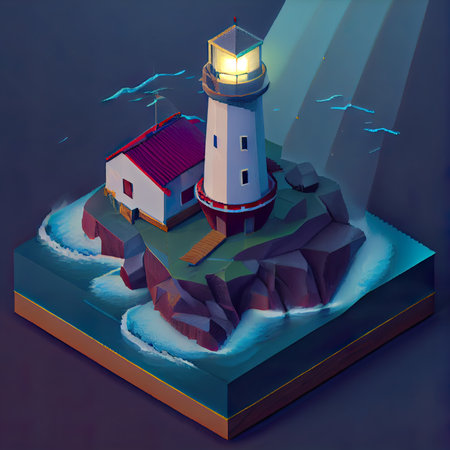 isometric lighthouse on the island, 3d render, vector illustrationの素材