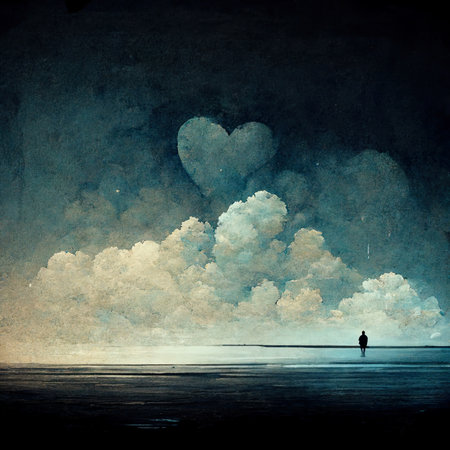 Man standing on the beach with heart-shaped clouds in the skyの素材