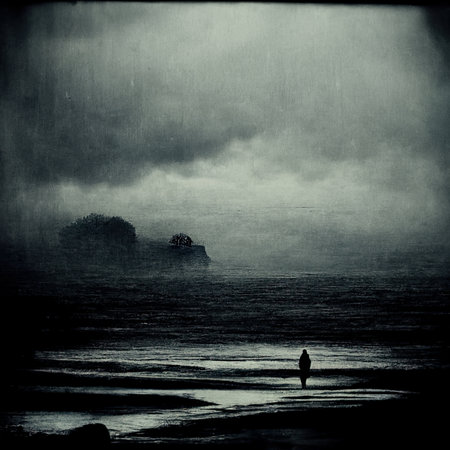 grunge image of a lonely man standing on the beach.の素材