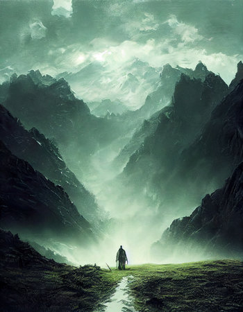 Fantasy landscape with a man walking on a path in the mountainsの素材