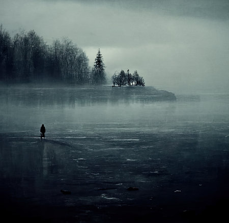 Foggy winter landscape with lonely fisherman on frozen lake. Toned.の素材
