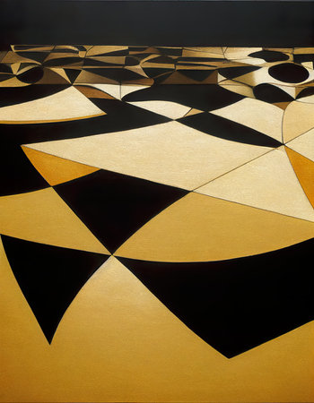 Abstract geometric pattern of black and yellow color on a gold background.の素材