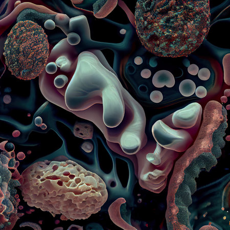 Microscopic view of virus cells. 3d render illustration.の素材