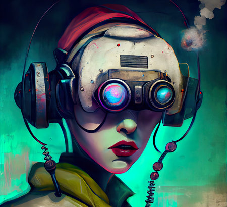 Futuristic girl with headphones and virtual reality glasses. digital painting.の素材