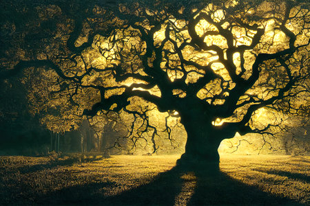 Old oak tree in the forest at sunset. 3D rendering.の素材