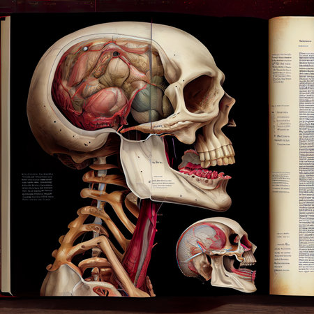 Human skull with internal organs and anatomy book. 3D illustration.の素材