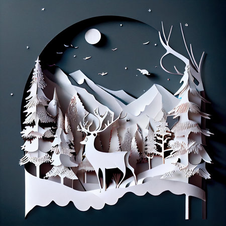 Paper cut of winter landscape with deer and moon. 3d renderingの素材