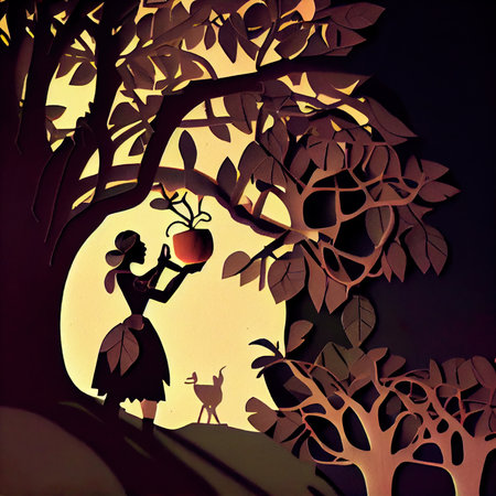 Silhouette of a girl in a dress with a watering can in her hand on a background of treesの素材