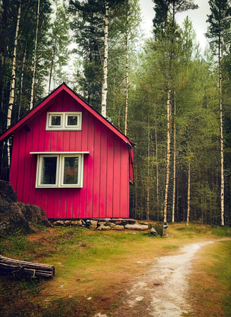 Red wooden house in the forest. Photo in old color image style.の素材