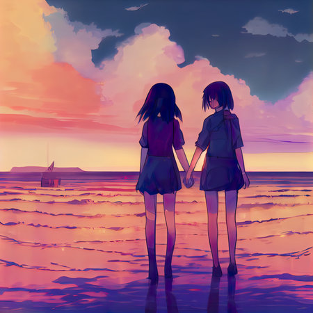 illustration of two beautiful girls walking on the beach at sunset.の素材