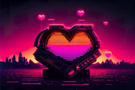 Retro 80s style heart on the background of the city. Futuristic vector illustration.の素材