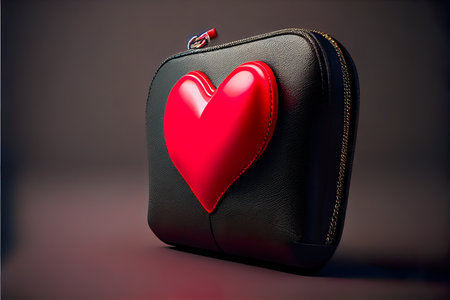 Black leather clutch with a red heart on a black background. 3d renderingの素材