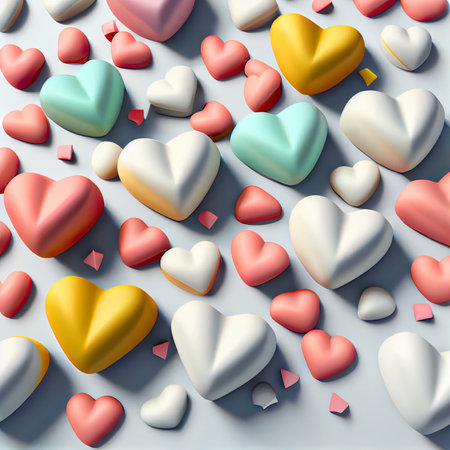 3d rendering of a lot of colorful hearts on a white backgroundの素材