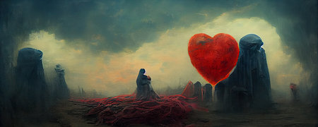 Fantasy landscape with a lonely man and a big red heart.の素材
