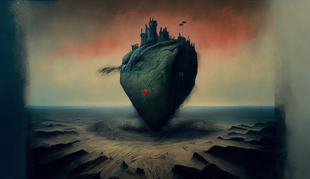 3D rendering of a large ship in the ocean with a red heartの素材