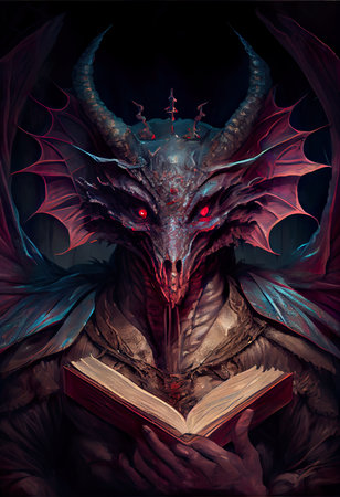 Fantasy illustration of a dragon reading a book. fantasy literature.の素材
