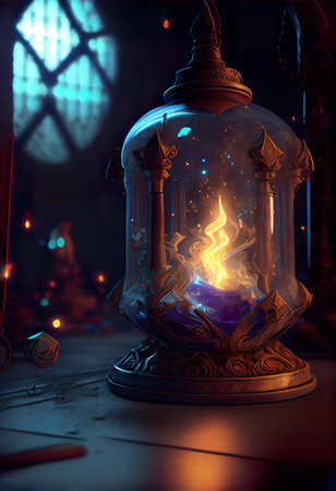 Lantern in the dark with a burning candle on the tableの素材