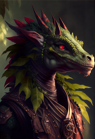 dragon in the dark with green leaves on a dark background. 3d illustrationの素材
