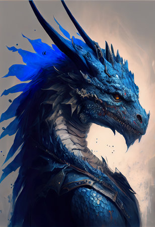 3D rendering of a fantasy dragon with blue skin and horns.の素材