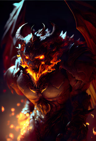 3D Illustration of a Dragon with Flames in the Dark Backgroundの素材
