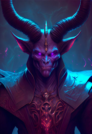 3D Illustration of a demon with horns in the dark.の素材