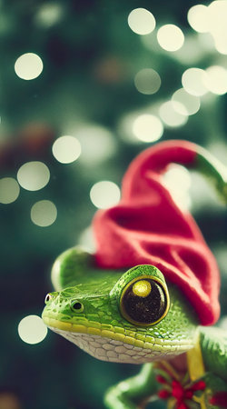 Christmas tree frog with Santa Claus hat and bokeh background.の素材