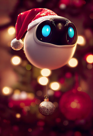 Christmas decoration with cute little robot in santa hat hanging on Christmas treeの素材