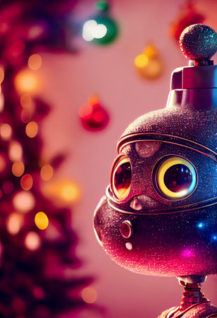Retro robot with Christmas tree and colorful bokeh background.の素材