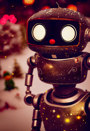 vintage robot with christmas tree on background, retro tonedの素材