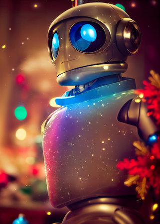 Artificial intelligence robot on christmas background. 3D illustration.の素材