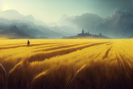 Wheat field in Bagan, Myanmar (Burma) at sunriseの写真素材