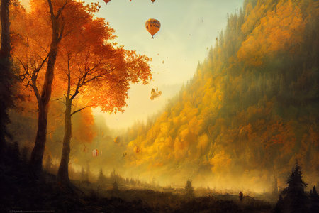 Colorful hot air balloons flying in the autumn forest. digital paintingの写真素材