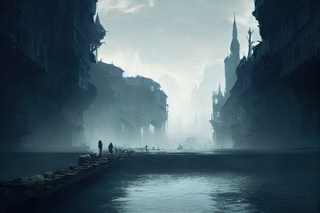 Fantasy landscape with old buildings in the fog. 3d renderingの写真素材
