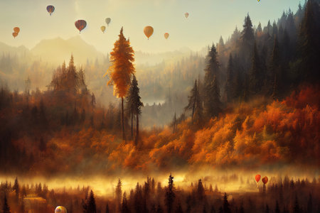 Colorful hot air balloons flying over the autumn pine forest in the mountainsの写真素材