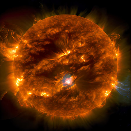 Fiery planets in space. Abstract space background. 3D renderingの写真素材