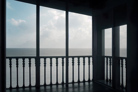View from the balcony to the sea and the sky through the windowの写真素材