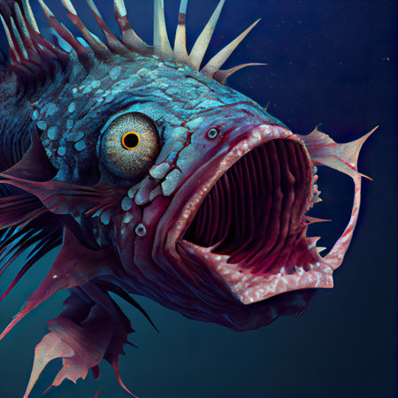 Angry fish with big eyes on dark background. 3d renderingの写真素材