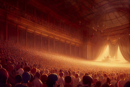 Crowd of people in front of the stage with spotlights.の素材