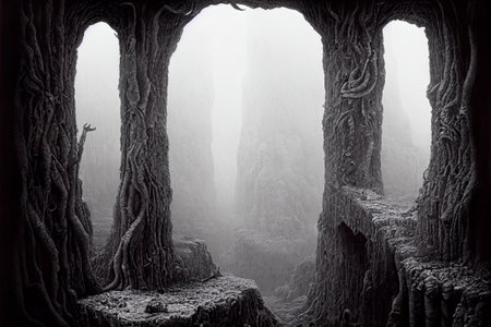 Mysterious forest with tree trunks in the morning fog.の素材